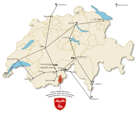 Map of the main routes to Saas-Fee from Basel, Zürich, Geneva and Milan
